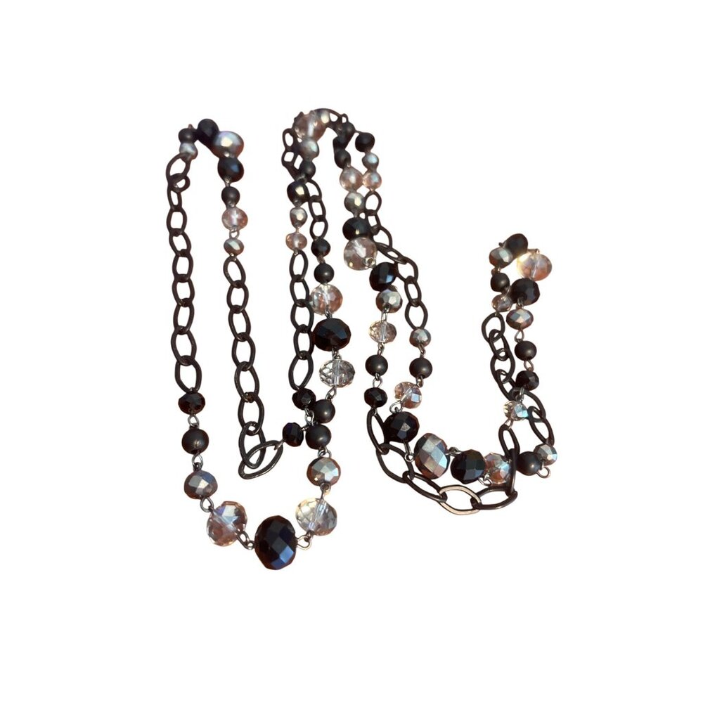 Black Chain Necklace Clear Silver Glass Faceted Beads No Clasp 60" Double Estate